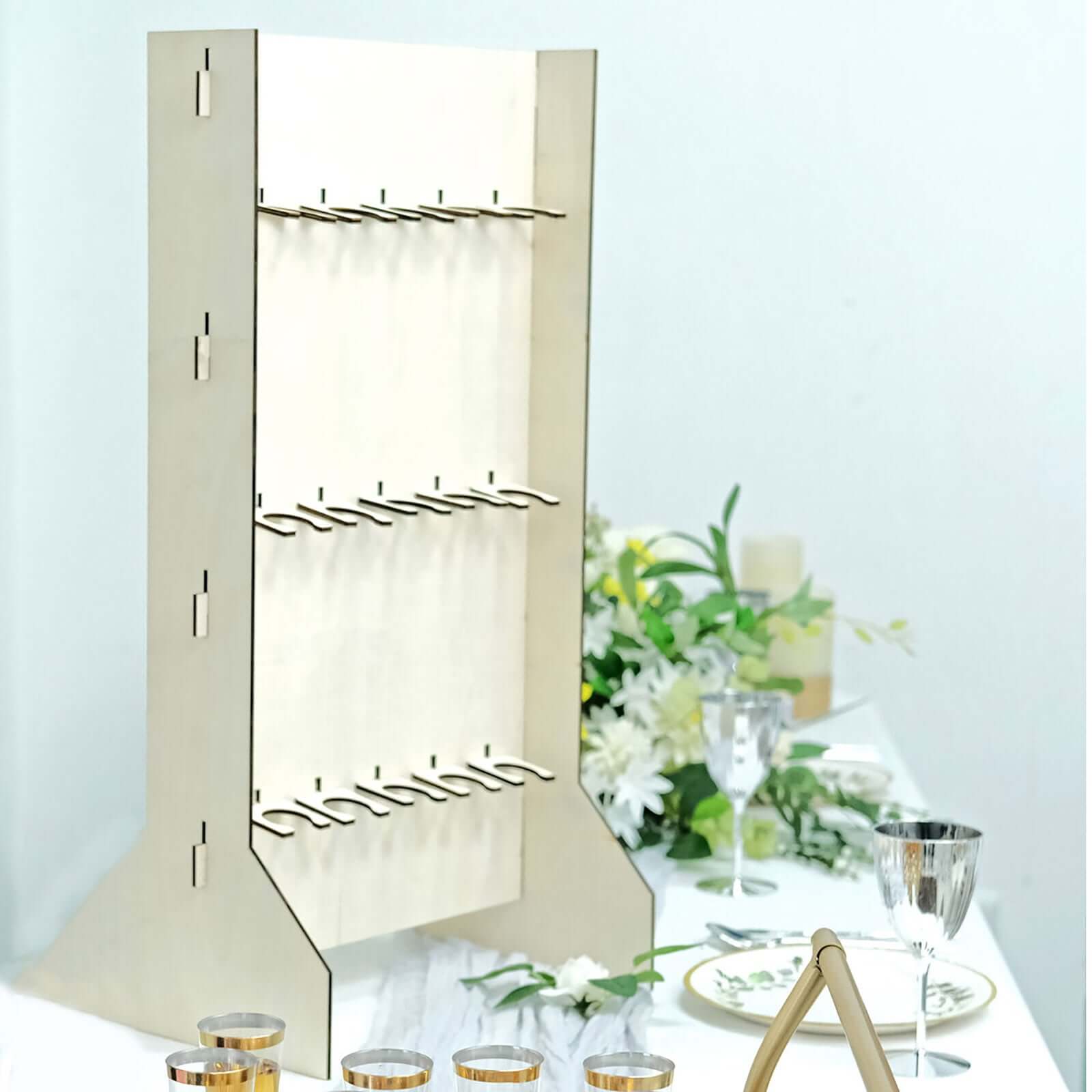 3-Tier Wooden Champagne Glass Flute Holder Wall Stand Rack, 15 Glass Drinks Shelf, Floor Standing Rectangular Drinks Rack