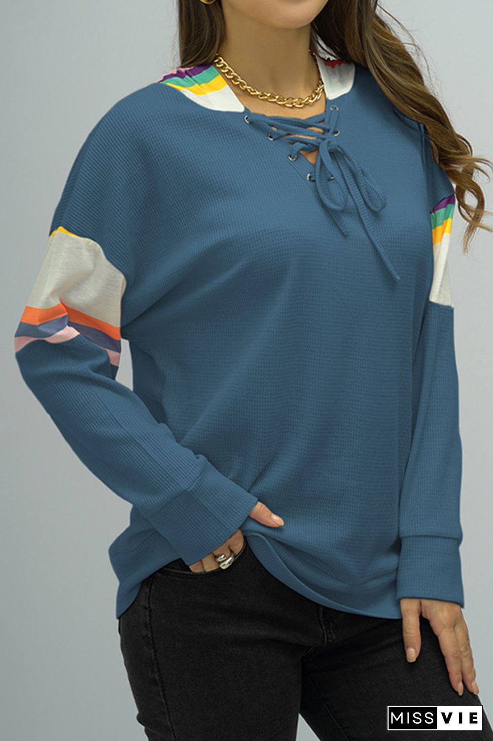 Colorful Hooded Patchwork Crisscros Strap Sweatshirt