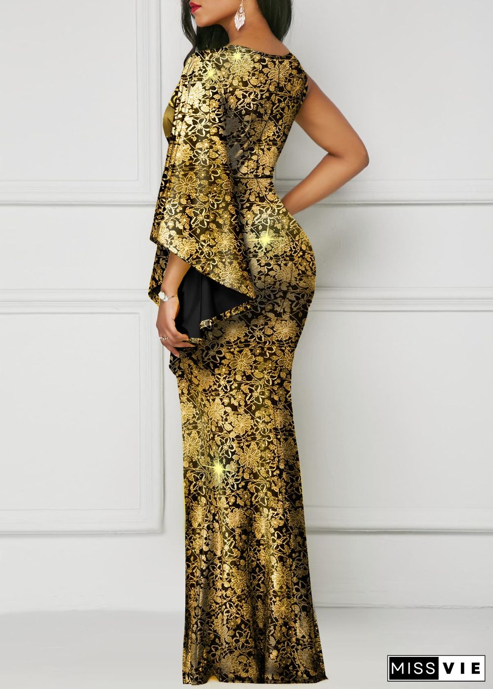 Floral Print Hot Stamping Golden Side Slit Dress