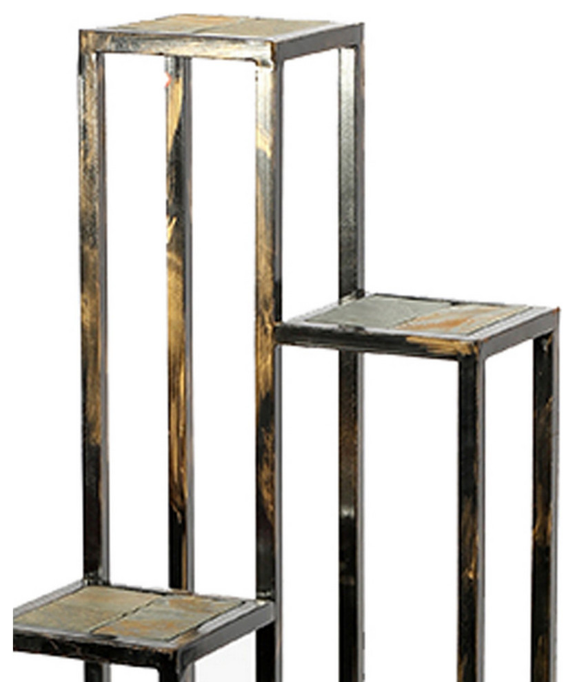 Benzara BM216737 4 Tier Cast Iron Frame Plant Stand with Stone Top  Black  ampGold   Industrial   Plant Stands And Telephone Tables   by Uber Bazaar  Houzz