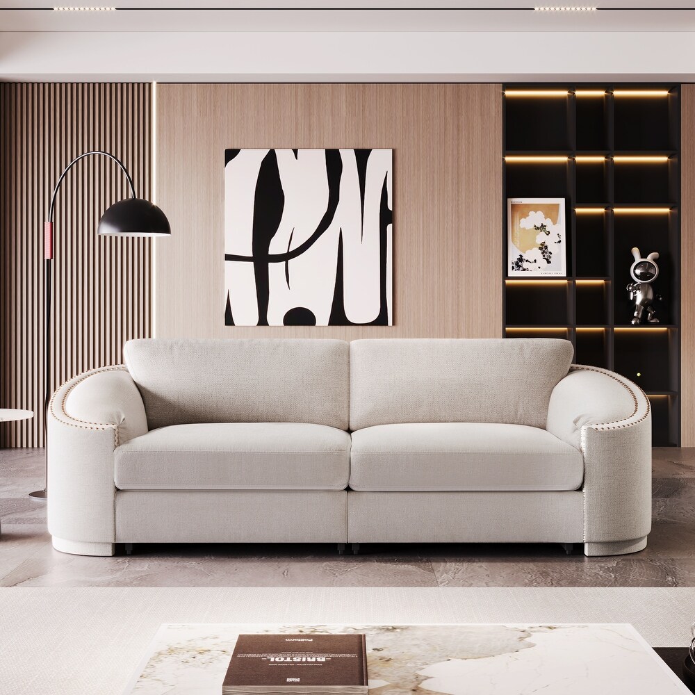 Modern 3 Seater/Plus Loveseat Sofa Polyester Upholstered Couch with Semilunar Arm and Rivet Detailing for Living Room