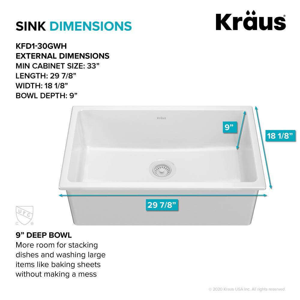 KRAUS Turino White Fireclay 29.88 in. Single Bowl Drop-InUndermount Kitchen Sink KFD1-30GWH