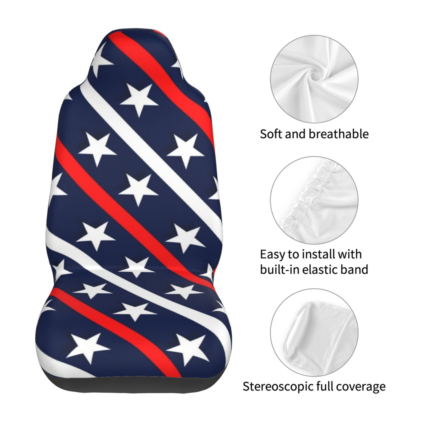 TEQUAN Front Seat Covers， Patriotic Red White Blue Stars Strips Pattern 2 Piece Car Seat Cover Fit Most Car SUV Truck Van