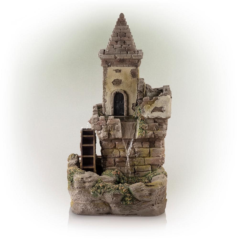 Alpine Corporation 35 in. Tall Outdoor Fairy Castle Waterwheel Tiered Fountain Yard Art decoration USA1164