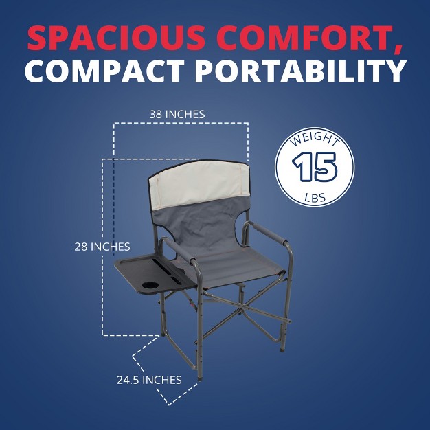 Rio Brands Xxl Oversized Powder Coated Steel Frame Foldable Director s Chair With Fold Out Side Table Media And Drink Slots And Carry Straps Gray