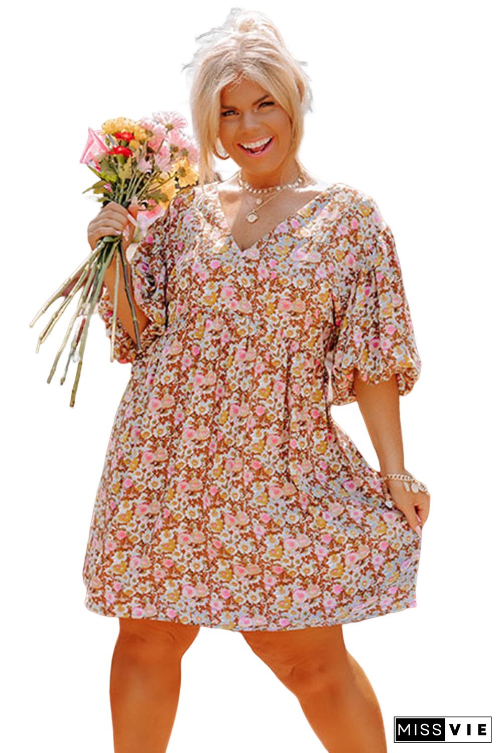 Multicolor Plus Size Floral Print Puff Sleeves Dress