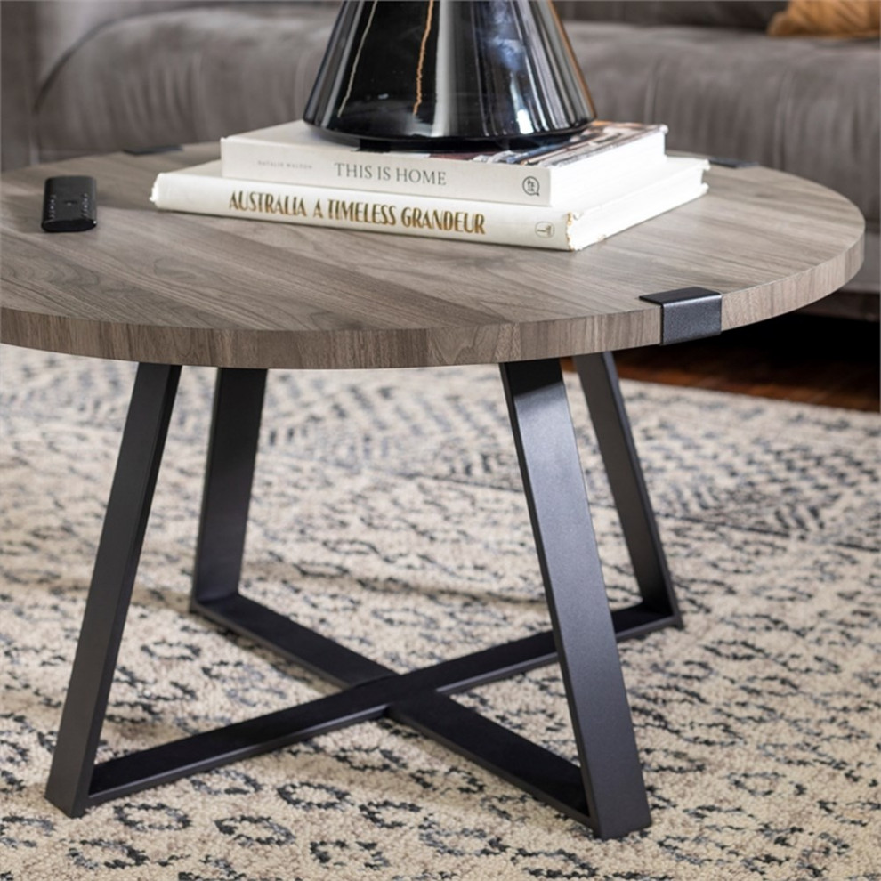 30 quotRustic Wood Round Metal Wrap Coffee Table   Slate Gray   Industrial   Coffee Tables   by Homesquare  Houzz