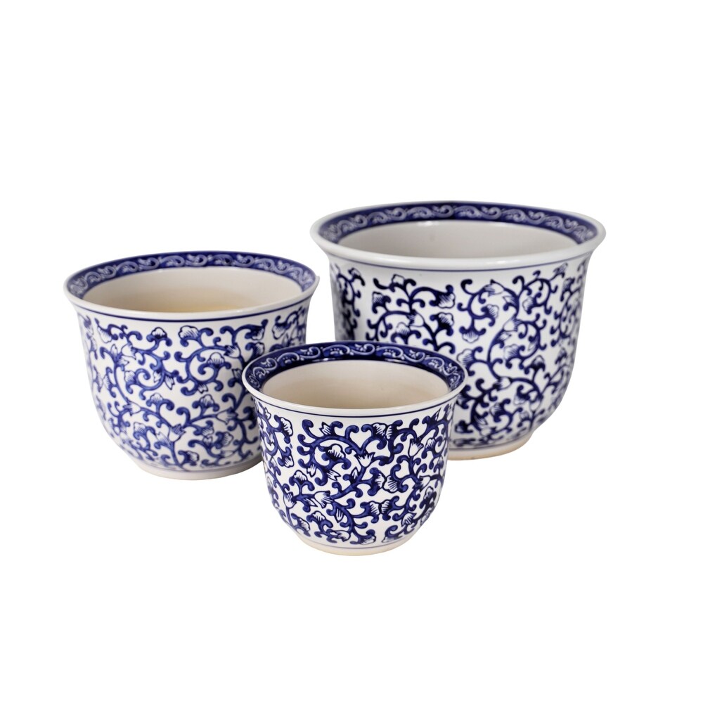 ClayBarn Blue and White Ceramic Florentine Garden Planter (3 Piece Set)