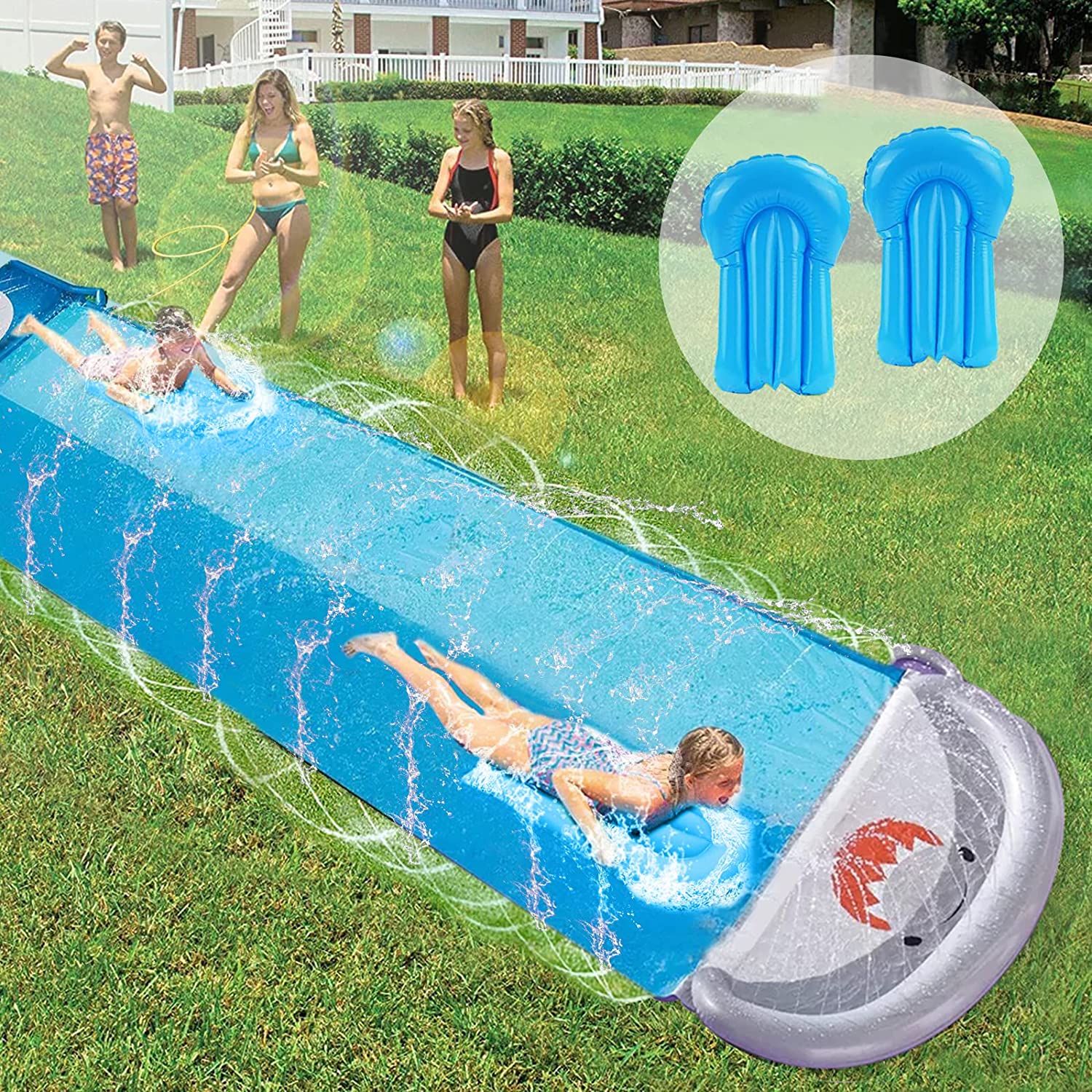 Lavinya Cool Slip Splash and Slide Water Slides (18ft) Outdoor Splash Sprint Racing Inflatable waterslides with Crash Pad