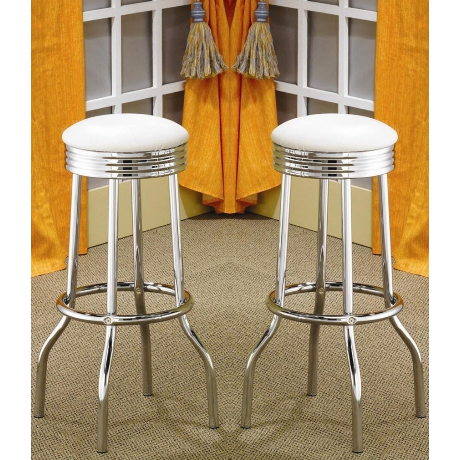 Nostalgic Retro Chrome White Swivel Bar Stools (Set of 2)