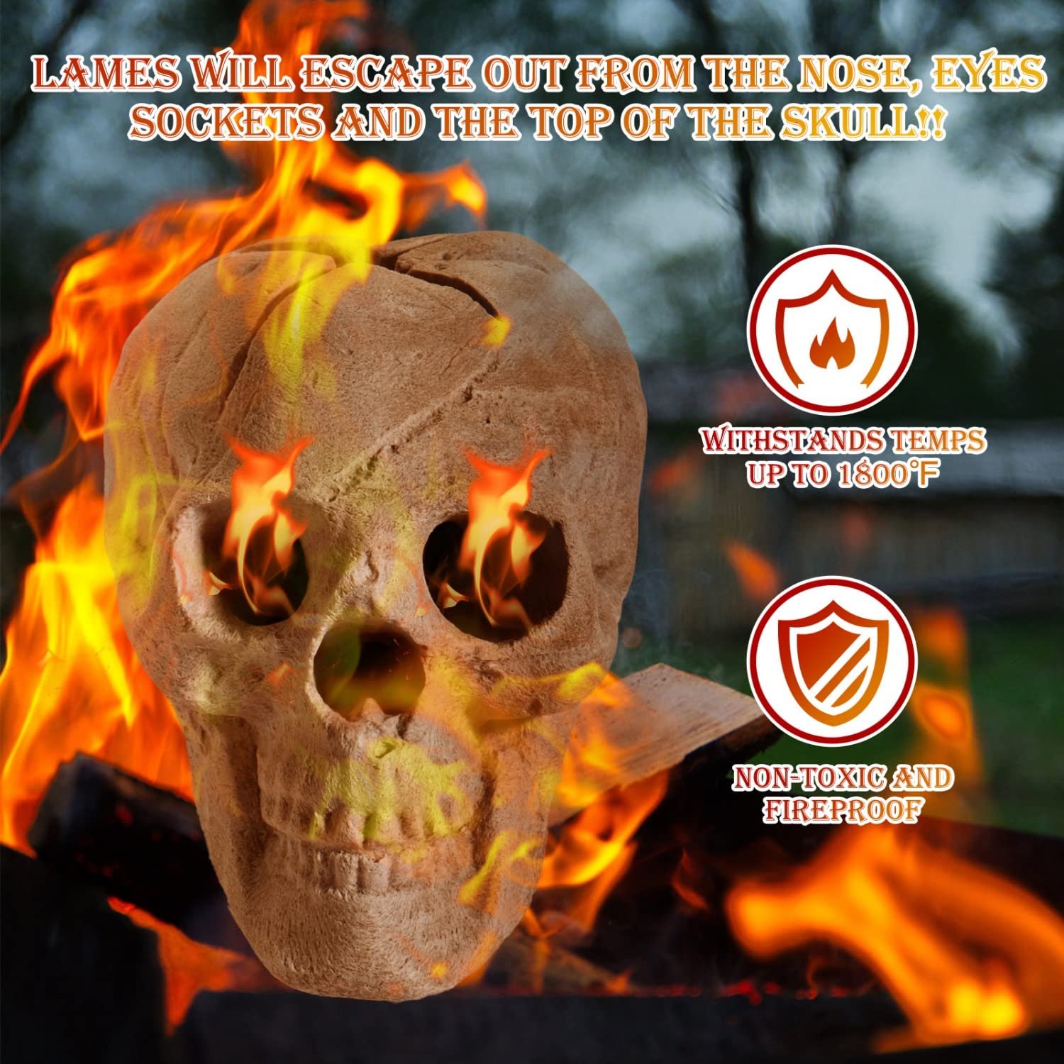 Ceramic Fireproof Fire Pit Skull Log， Human Skull Gas Log For Indoor And Outdoor Fireplaces And Fi