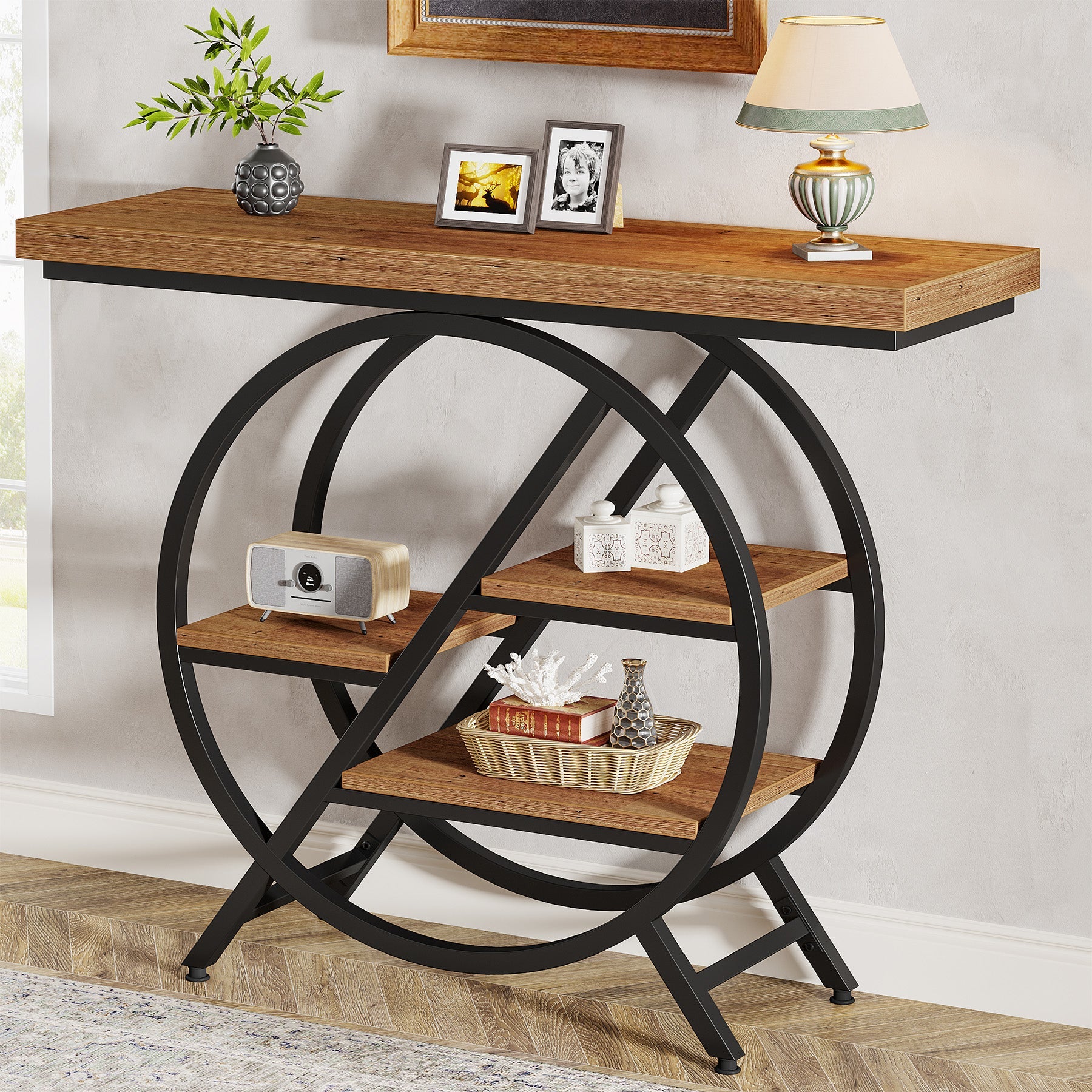 4-Tier Console Table, 39.4 Entryway Table with Geometric Metal Frame