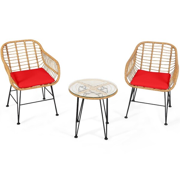 3 PCS Patio Bistro Set Rattan Conversation Set with Round Coffee Table