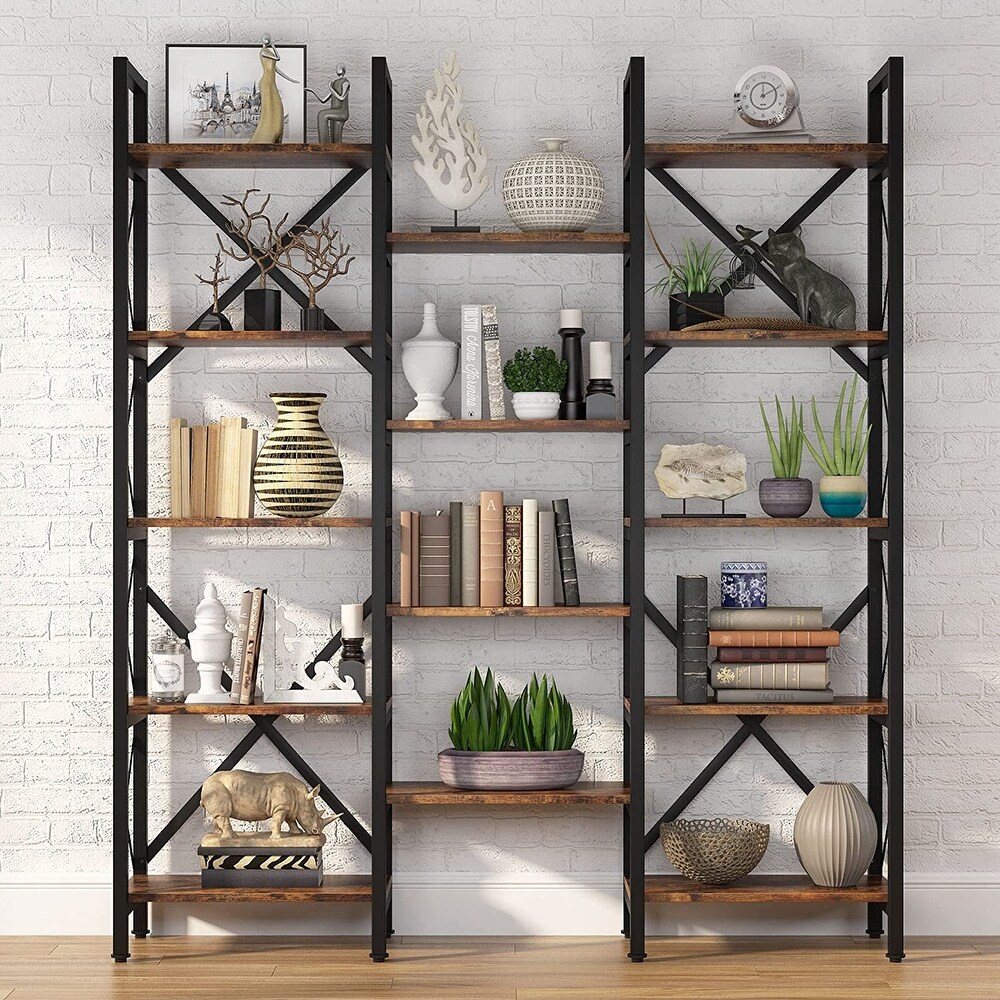 Triple Wide 5 Shelf Bookcase  Etagere Large Open Bookshelf Vintage Industrial Style Shelves Wood and Metal bookcases Furniture