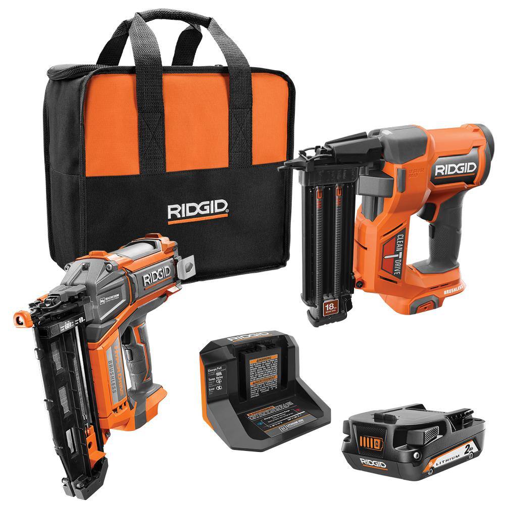 RIDGID 18V Brushless Cordless 18-Gauge 2-18 in. Brad Nailer with 16-Gauge Straight Finish Nailer 2.0 Ah Battery and Charger R09891K-R09892B