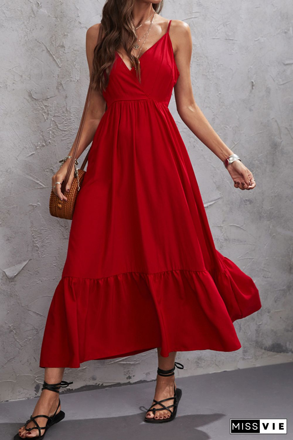 Plain Spaghetti Splicing Smocked Maxi Dress