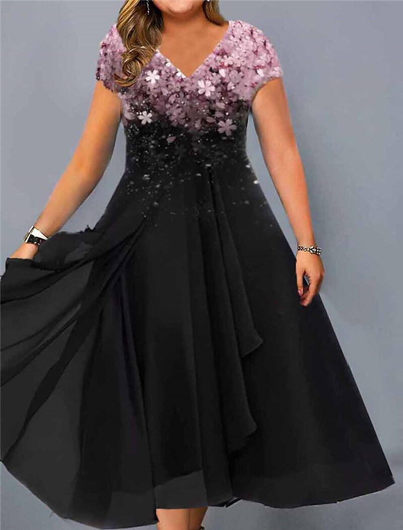 Women's Plus Size A Line Dress Floral V Neck Short Sleeve Spring Summer Elegant Midi Dress Daily Vacation Dress