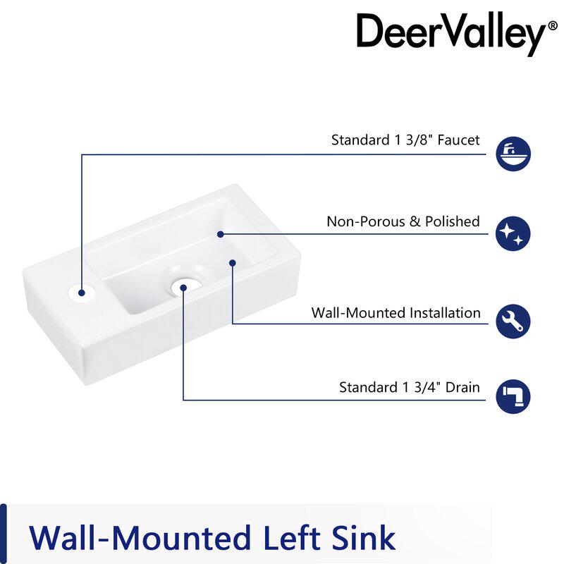 DeerValley DV-1V081L Wall Mount Sink， Rectangle Mini Vessel Sink，Small Bathroom Cloakroom White Porcelain Ceramic Wash Basin Left Hand