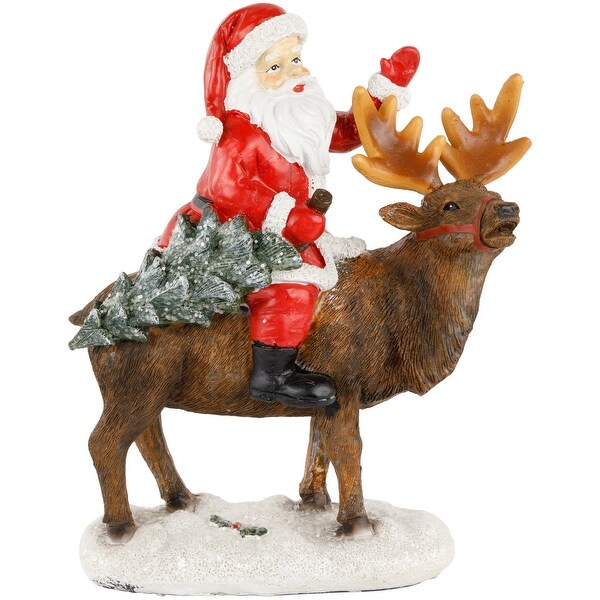 Santa Claus on a Reindeer Holding a Frosted Pine Tree Christmas Figurine