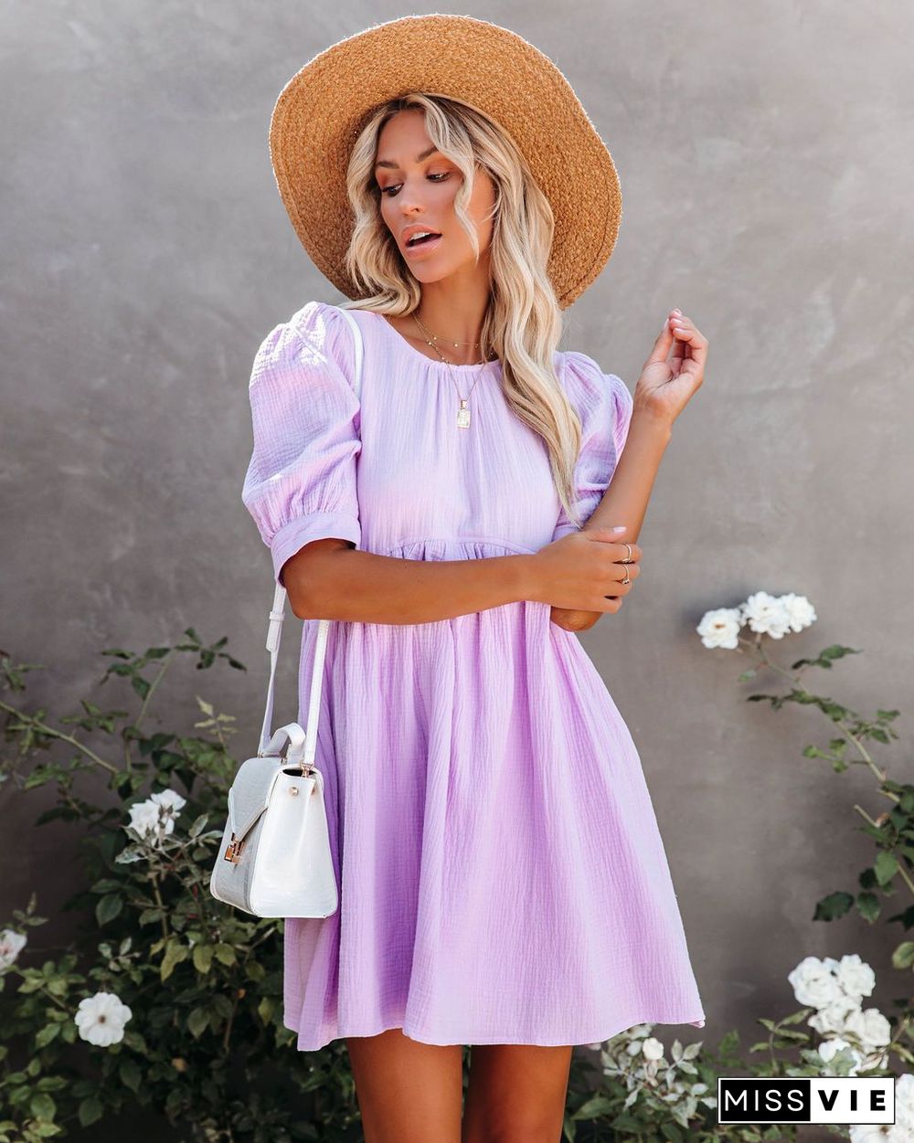 Fashion Solid Color Short Sleeve Dress