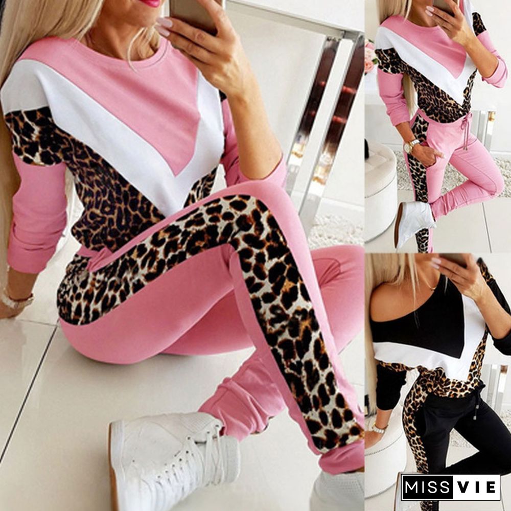 Plus Size Women's Long-Sleeved Leopard Printed Two Piece Outfits Print Colorblock Top & Drawstring Pants Set Sport Suits