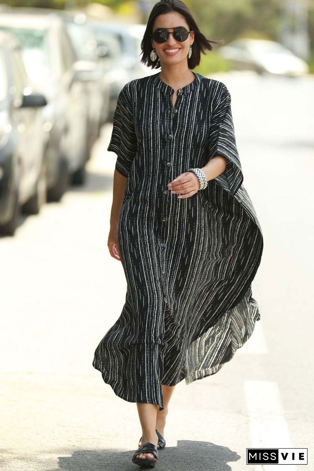 Striped Pocketed Button Front Side Slit Sleeved Maxi Cover Up