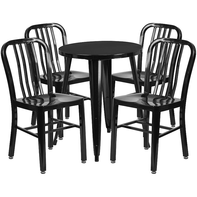 Emma and Oliver Commercial Grade 24 Round Red Metal Table Set-4 Vertical Slat Back Chairs