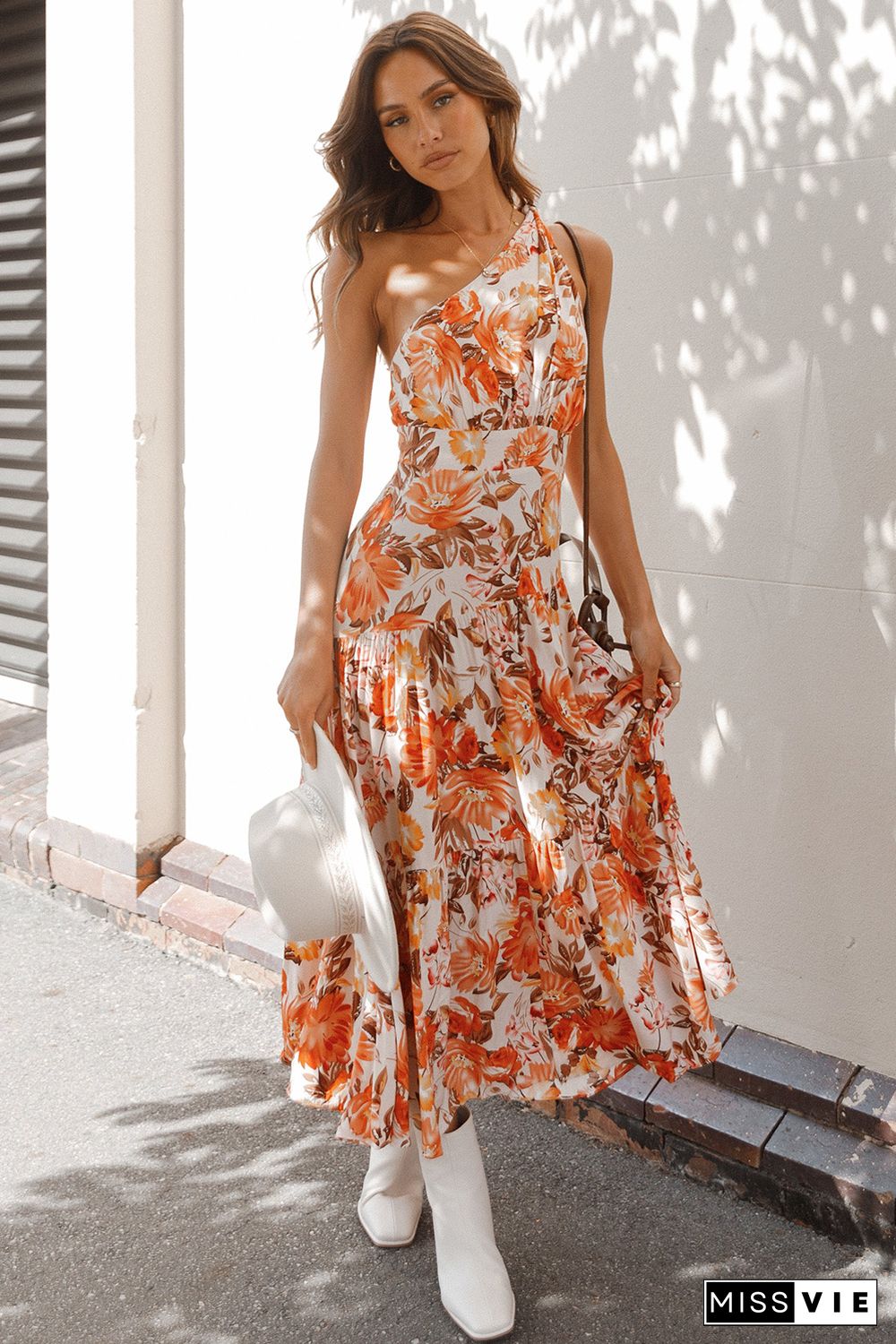 Orange Floral Print Pleated One Shoulder High Waist Maxi Dress