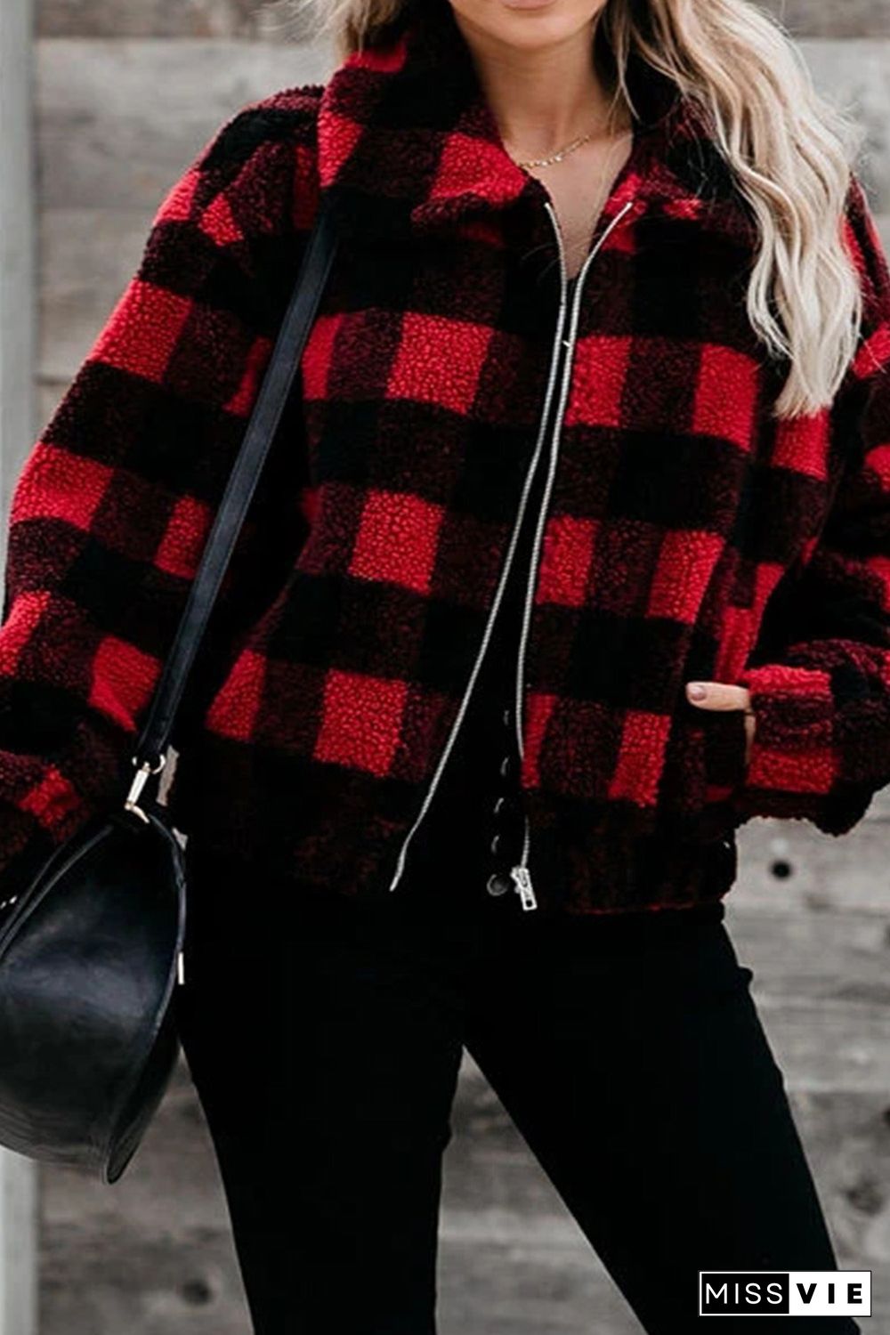 Red Plaid Print Sherpa Jacket Coat