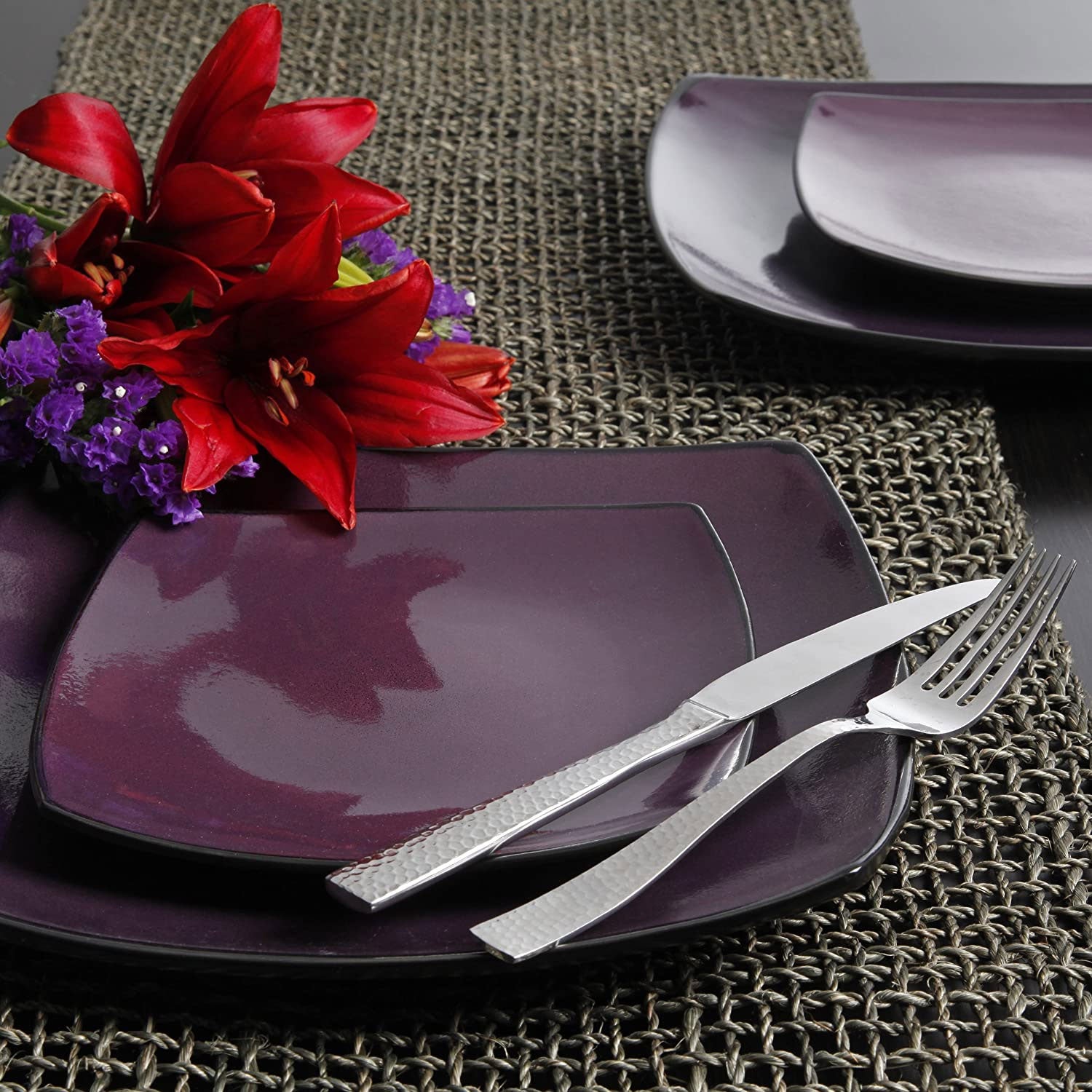 Gibson Elite Soho Lounge 16 Piece Plates, Bowls, & Mug Set, Purple (Open Box)