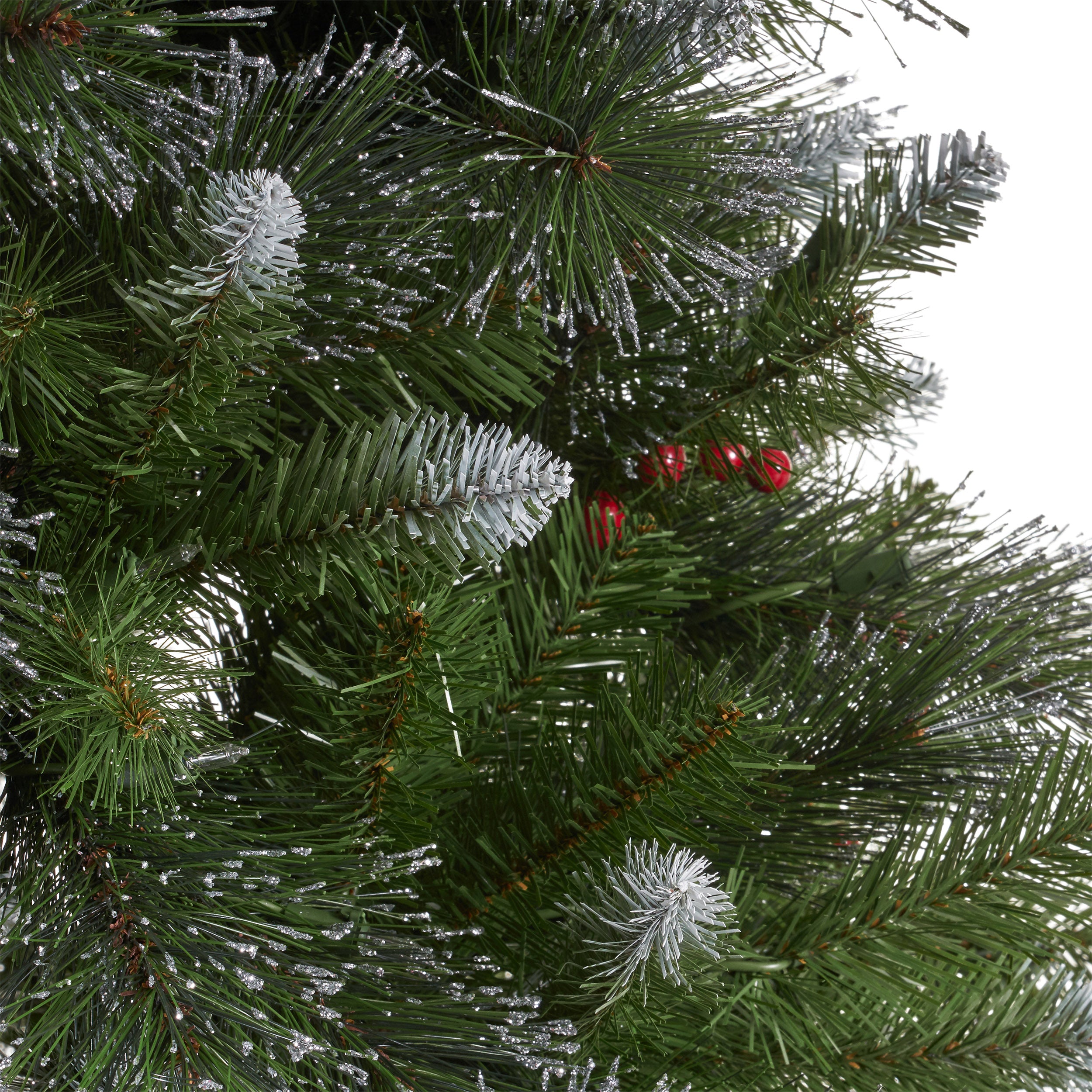 7.5-foot Mixed Spruce Hinged Artificial Christmas Tree with Glitter Branches, Red Berries, and Pinecones