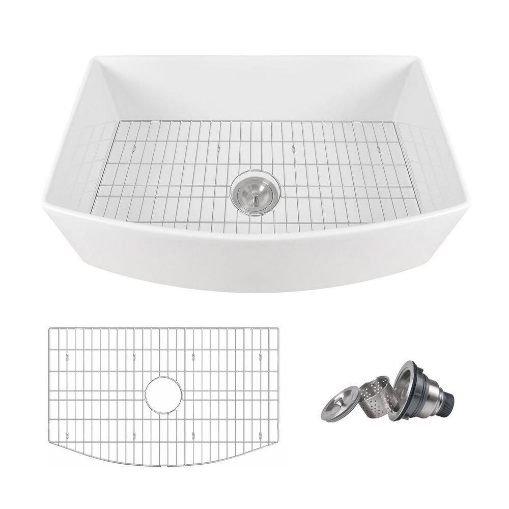 DEERVALLEY Grove Fireclay 33 in. L x 21 in. W Single Bowl Farmhouse Curved Kitchen Sink with Sink Grid and Basket Strainer DV-1K516