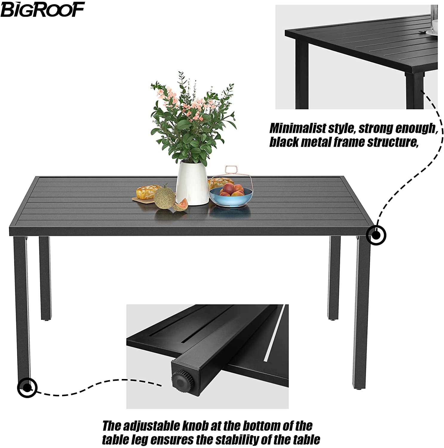 Bigroof Outdoor Table 60 Patio Galvanised Steel Metal Classic Rectangle Black Dining Table with 1.57 Umbrella Hole for Garden, Backyard, Deck