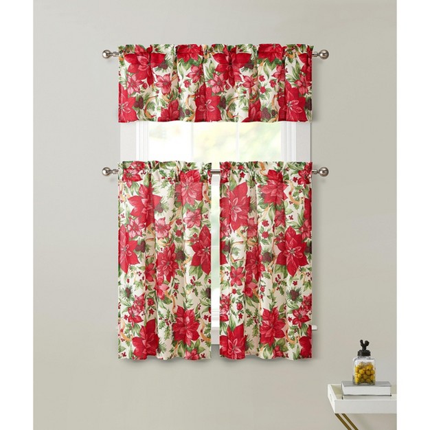 Kate Aurora Christmas Ribbon Complete Semi Sheer Kitchen Curtain Tier amp Valance Set