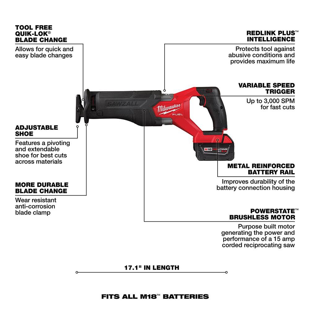 MW M18 FUEL SAWZALL Reciprocating Saw - 2 Battery XC5.0 Kit 2821-22 from MW