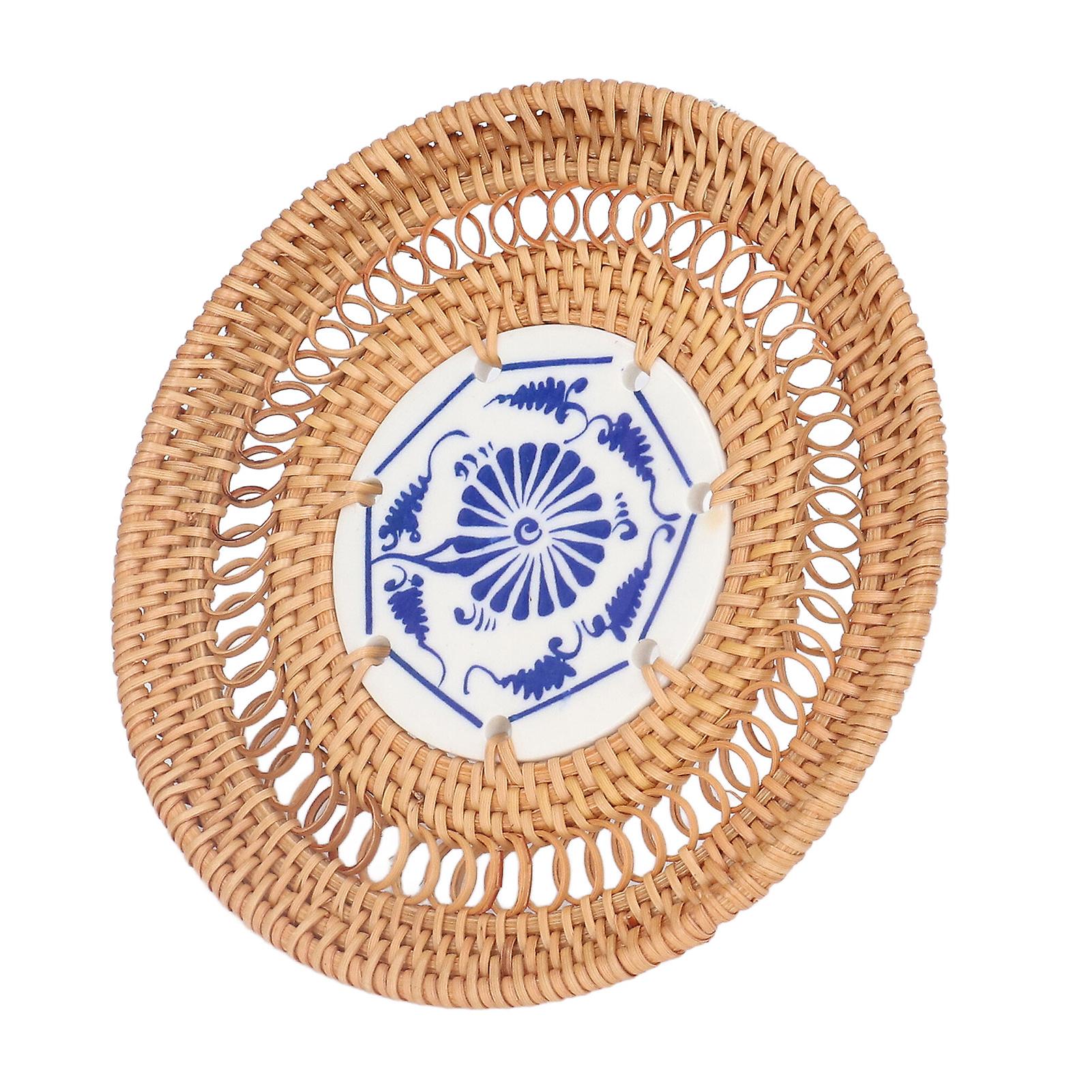 Blue And White Porcelain Coaster Round Woven Rattan Blue White Porcelain Cup Holder For Basil Cups Rattan Cups13cm/5.1in