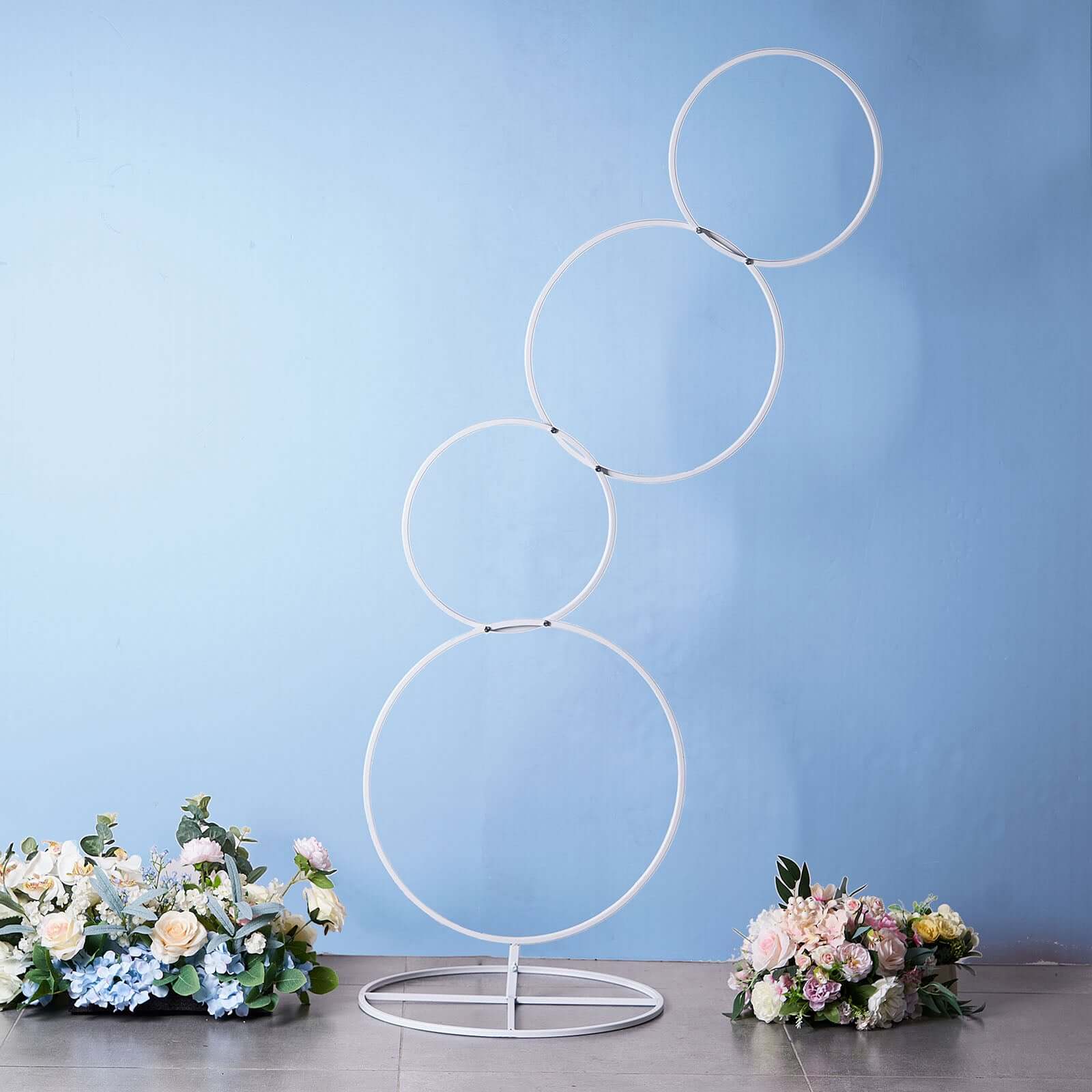 4-Tiered White Hoop Pillar Flower Stand, Metal Wedding Arch Table Centerpiece - Hoop Wreath 5ft