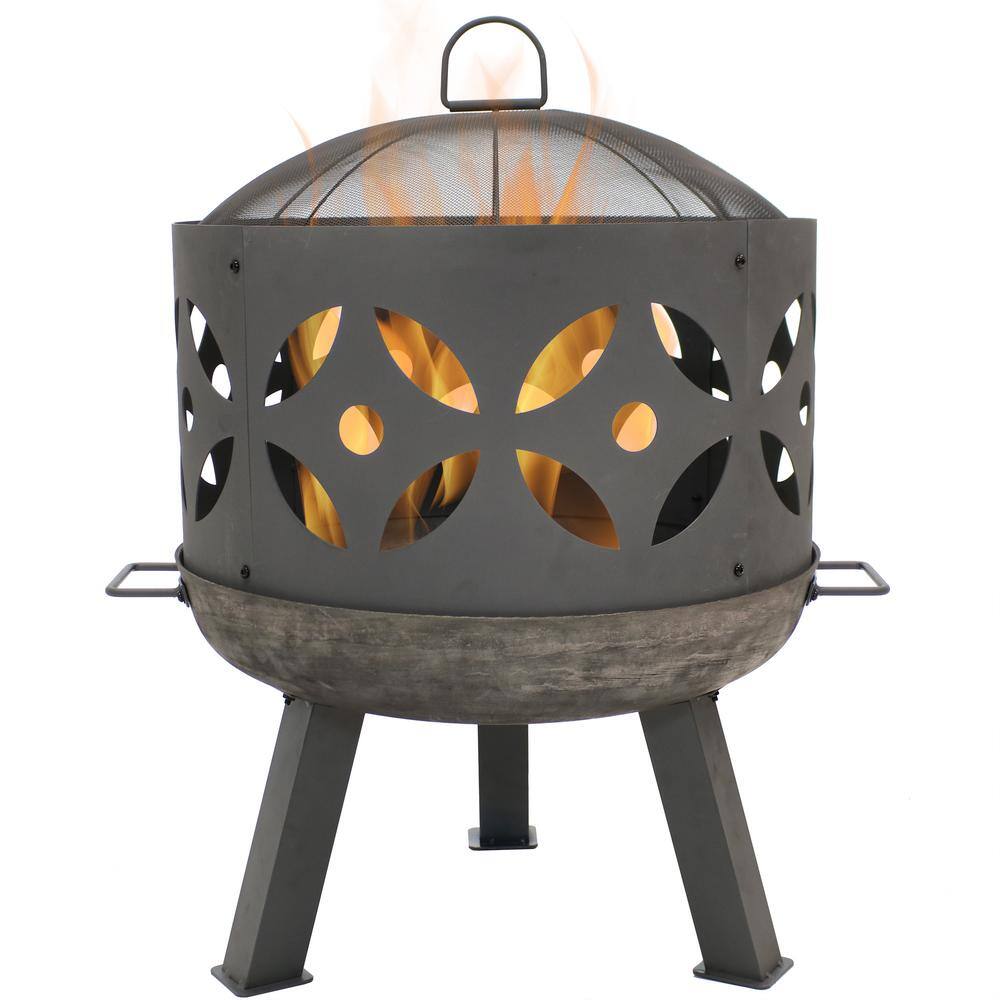 Sunnydaze Decor 26 in. x 29 in. Round Cast Iron Retro Outdoor Wood Fire Pit Bowl in Gray with Spark Screen RCM-LG561N