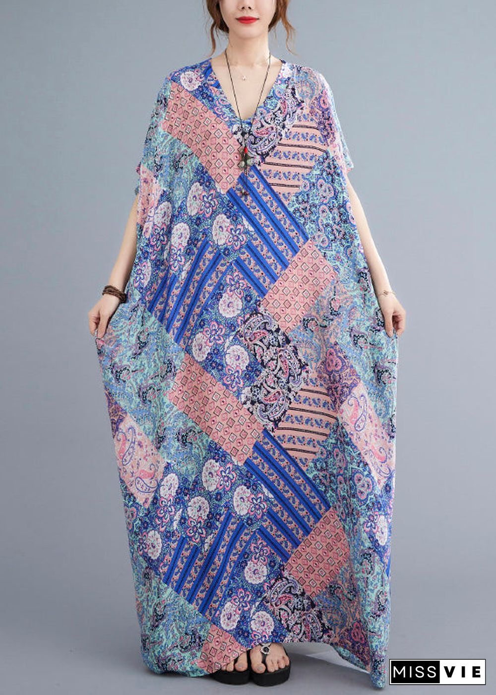 Pink Blue Patchwork Vacation Cotton Maxi Dresses Summer