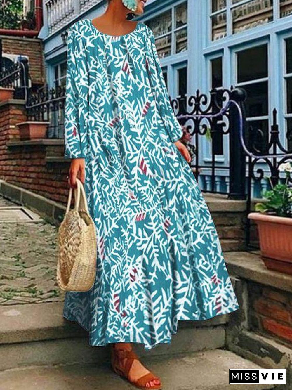 Summer Printed Long Sleeve Dress Long Skirt