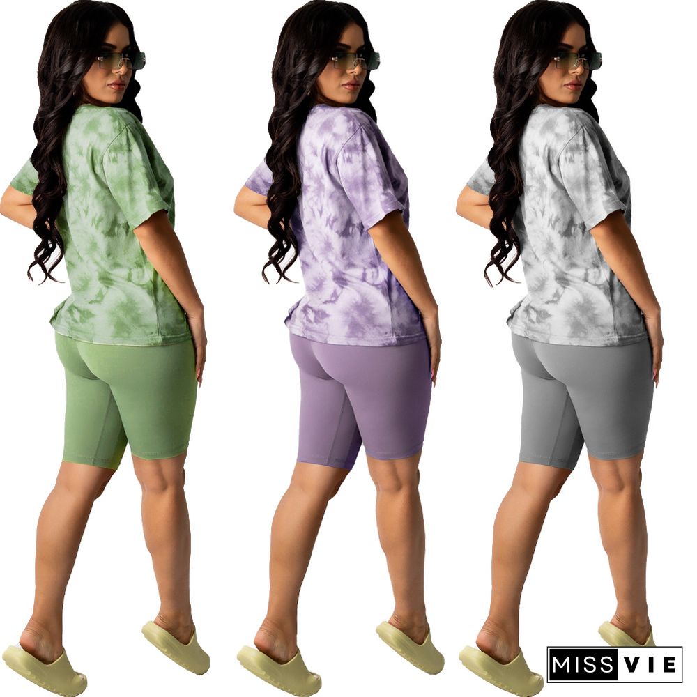 Summer Tie Dye Print Short Sleeve O Neck T-Shirt High Waist Biker Shorts Women Casual Two Piece Set