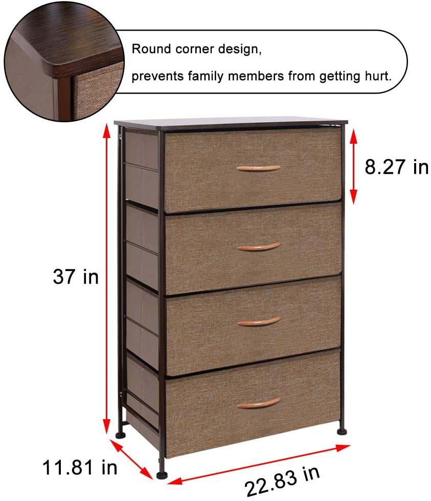 WAYTRIM Dresser for Bedroom Chest of 4 Drawers Storage Tower Steel Frame Closet Fabric Cabinet Organizer in Home Camel