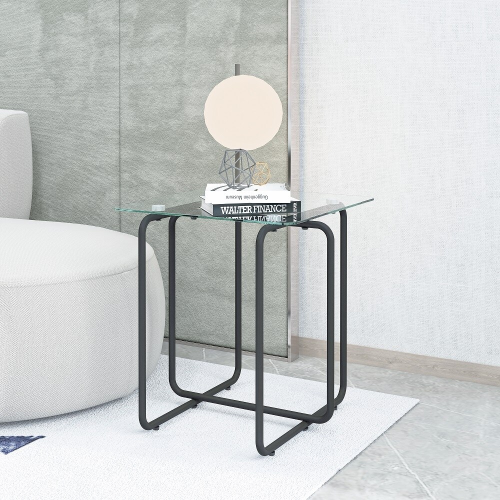 Modern Style Square Side Table with Glass Tabletop and Metal Legs