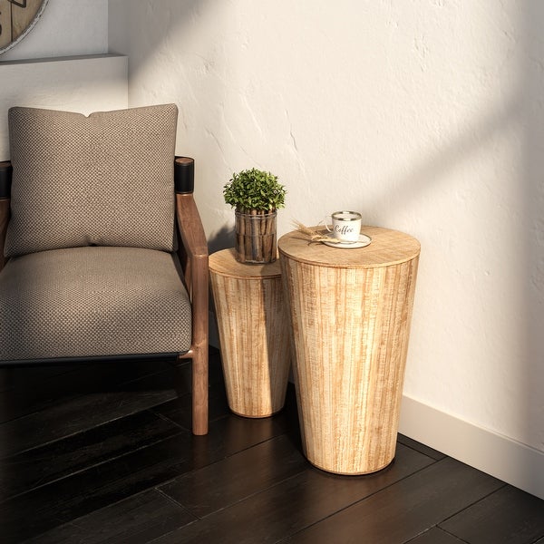 COZAYH Farmhouse Nesting Barrel Side Table， Rustic Space Saving Storage End Table Set ， Natural Distressed Finish