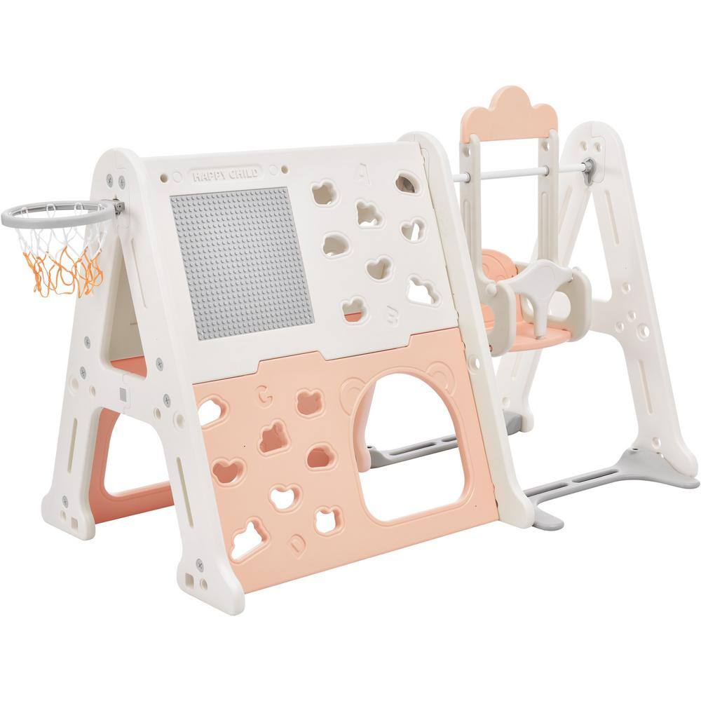 6-in-1 Light Pink HDPE Playset with Tunnel Climber Whiteboard Toy Building Block Baseplates Basketball Hoop LN20232359