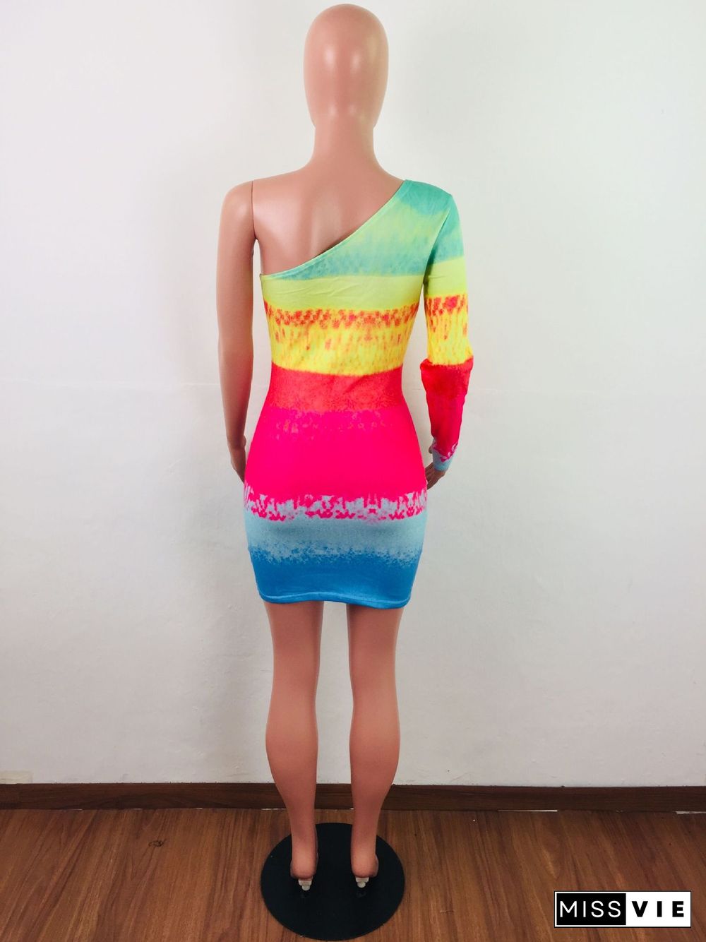 Colorful Printed Single Sleeve Bodycon Mini Dress