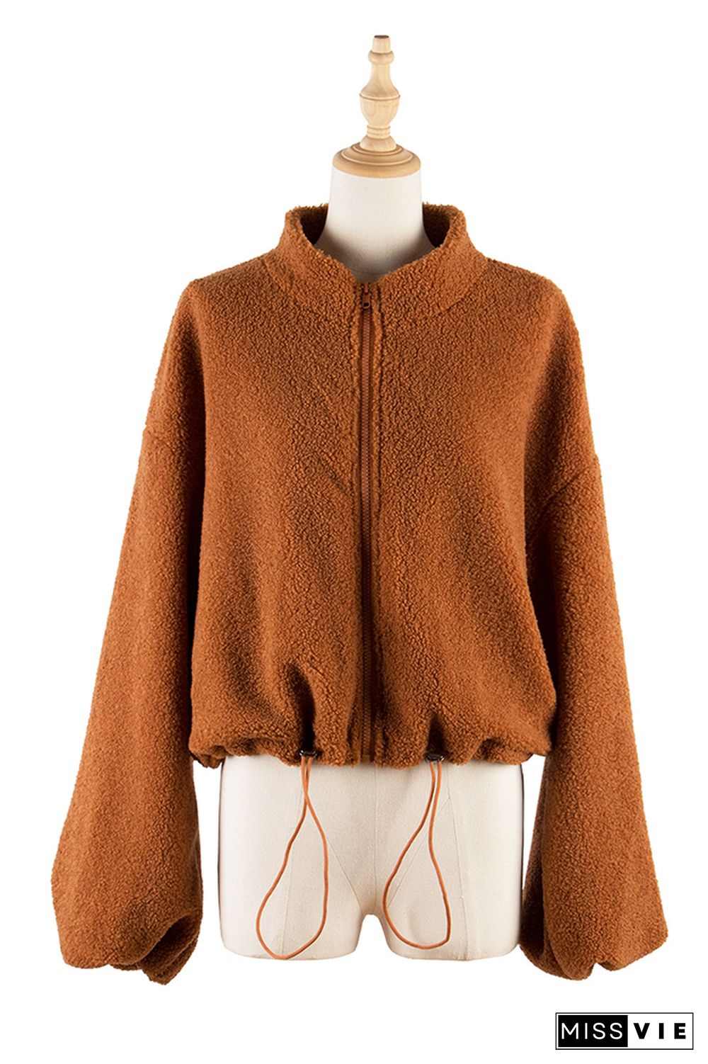 Brown Zipper Up Drawstring Hemline Oversized Fleece Jackets