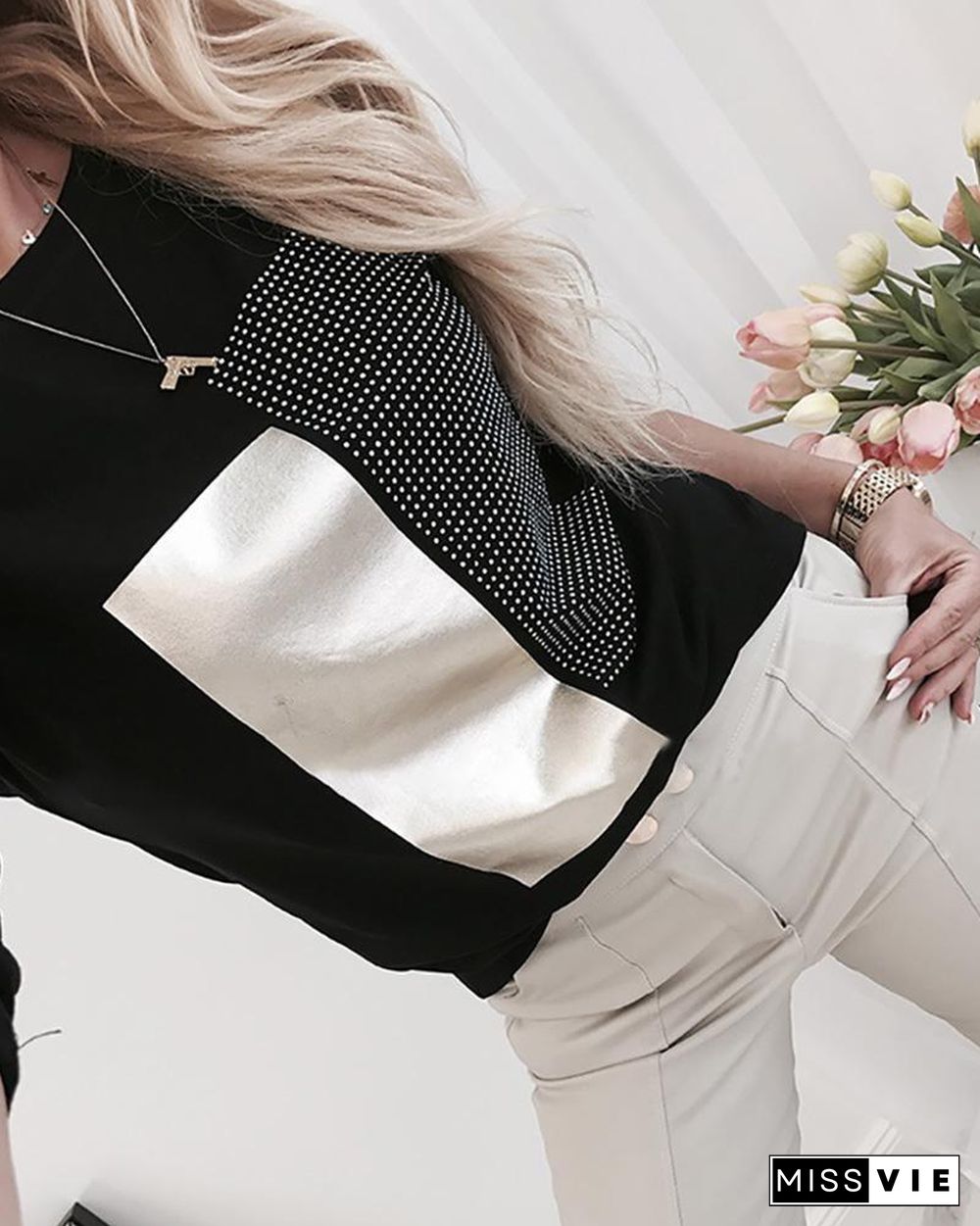 Hot Stamping Colorblock Round Neck Long Sleeve T-shirt P12369