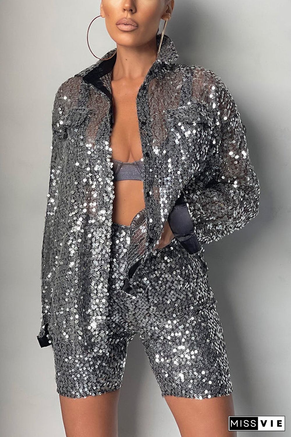 Steel Sequin Oversize Shirt Shorts Set