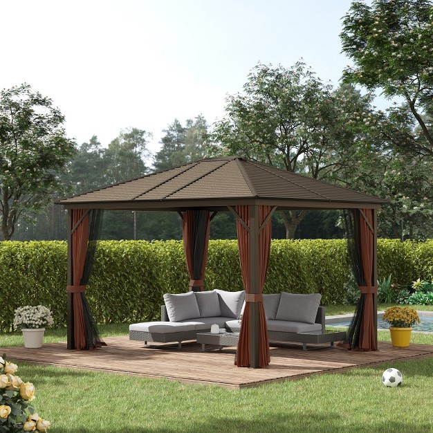 Outsunny 10 x27 X12 x27 Hardtop Gazebo With Aluminum Frame Permanent Metal Roof Gazebo Canopy With 2 Hooks Curtains And Netting For Garden